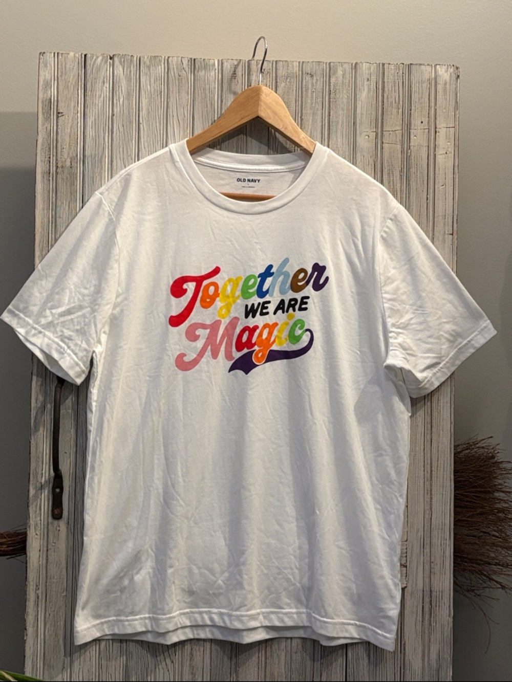 Old Navy Together We Are Magic Graphic T-Shirt White Rainbow Size L Unisex NWOT